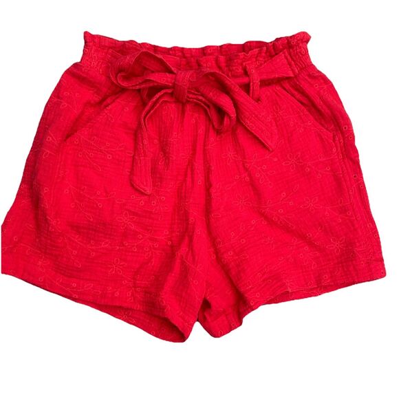 Knox Rose Rebel Red Pull-On Paperbag Tie Waist Eyelet Cotton Shorts Size XS - Picture 1 of 6
